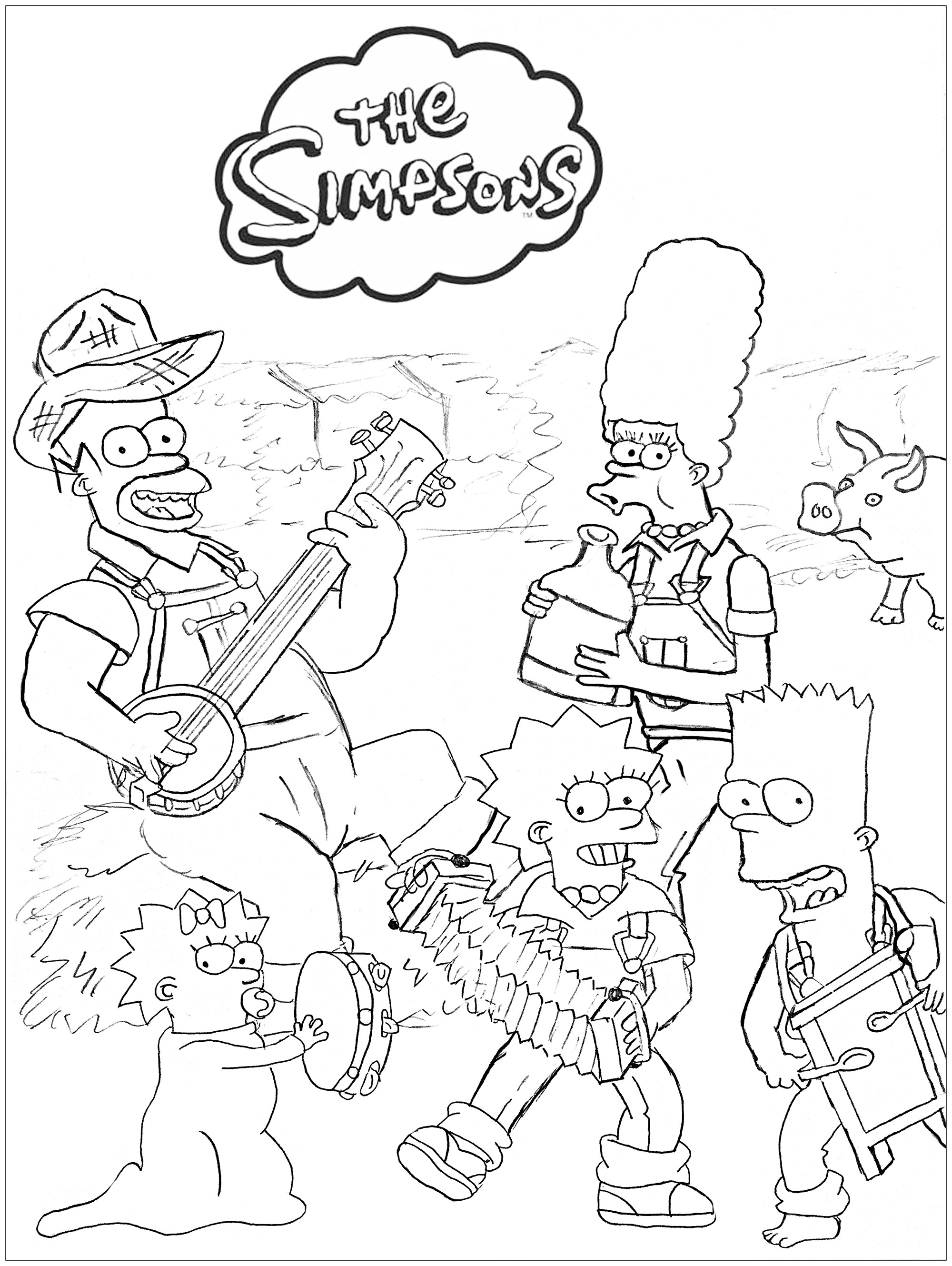 The Simpsons at the farm, original drawing inspired by the famous characters created by Matt Groening, Artist : Romain Delcroix