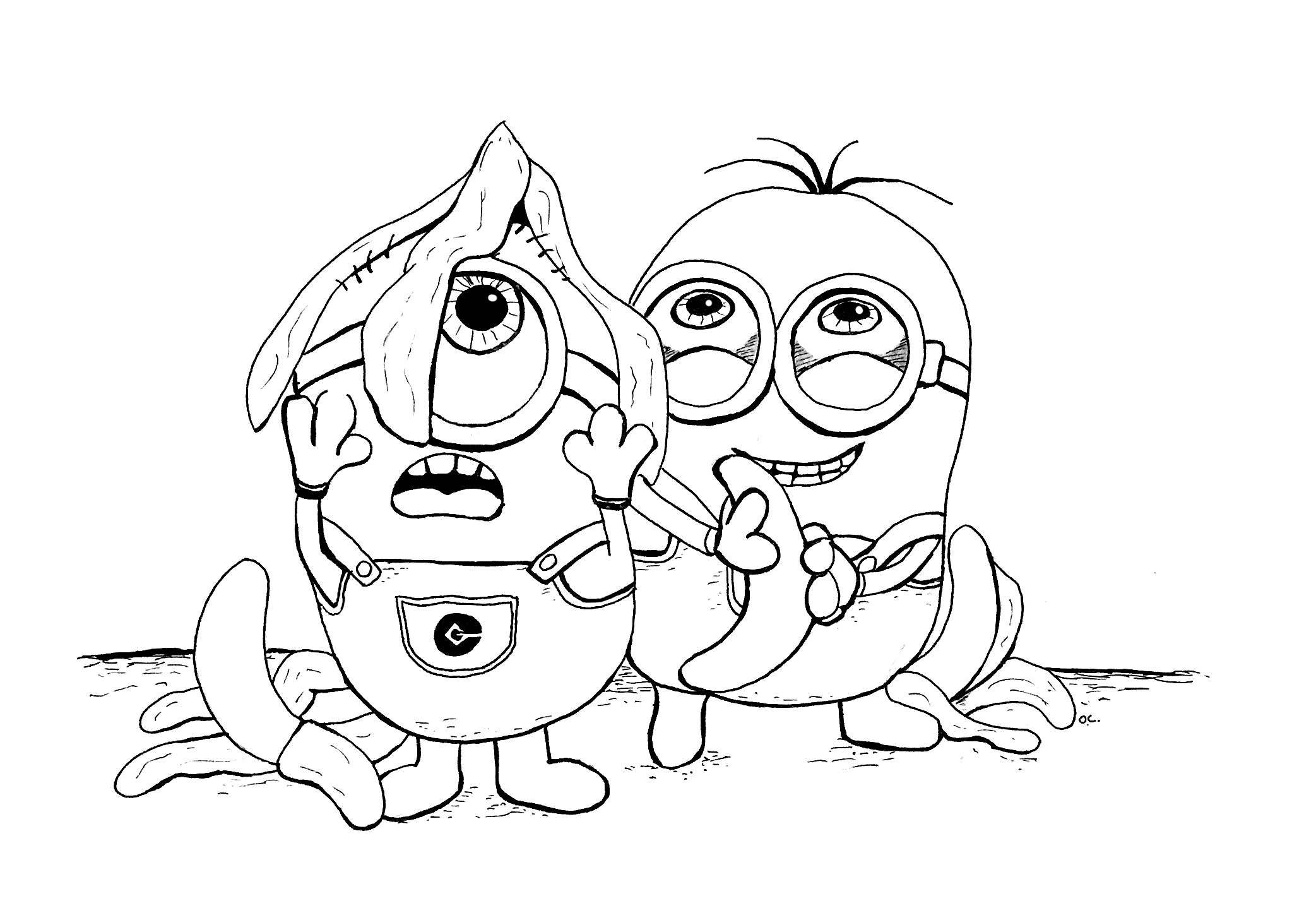 Two Minions and bananas to color. This design features two of the famous Minions, receiving bananas that have fallen from the sky. Apply bright colors or your favorite colors. You can also add extra details to make the coloring even more fun.This coloring page is perfect for kids and adults alike, and is sure to keep you entertained and having a good time, Artist : Olivier