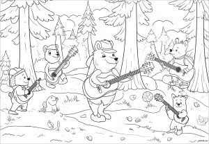 Coloring bears singing in the forest
