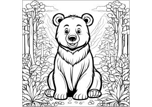 Printable Coloring Page for adults : Smiling bear amid lush vegetation