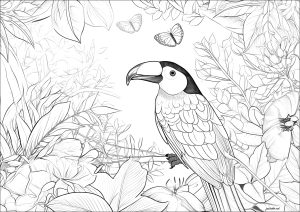 Printable Coloring Page for adult : Tropical bird and pretty vegetation