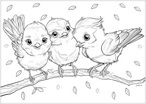 Printable Coloring Page for adult : Three little birds on a thin branch, with falling leaves