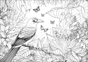 Printable Coloring Page for adult : Tropical birds and butterflies