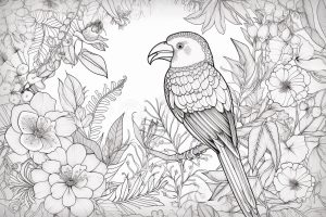 Printable Coloring Page for adult : Tropical bird and flowers