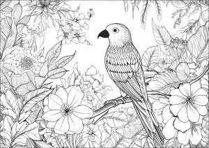 Printable Coloring Page for adult : Beautiful bird and flowery background