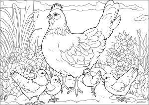 Printable Bird Coloring Page for adult : Hens and chicks