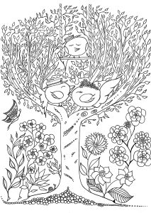 Printable Coloring Page for adult : Tree-and-birds-by-Leen-Margot