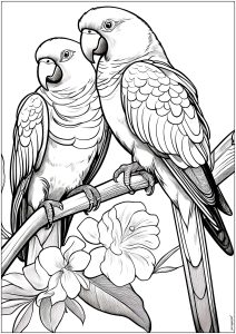 Printable Bird Coloring Page for adult : Two parrots on a branch