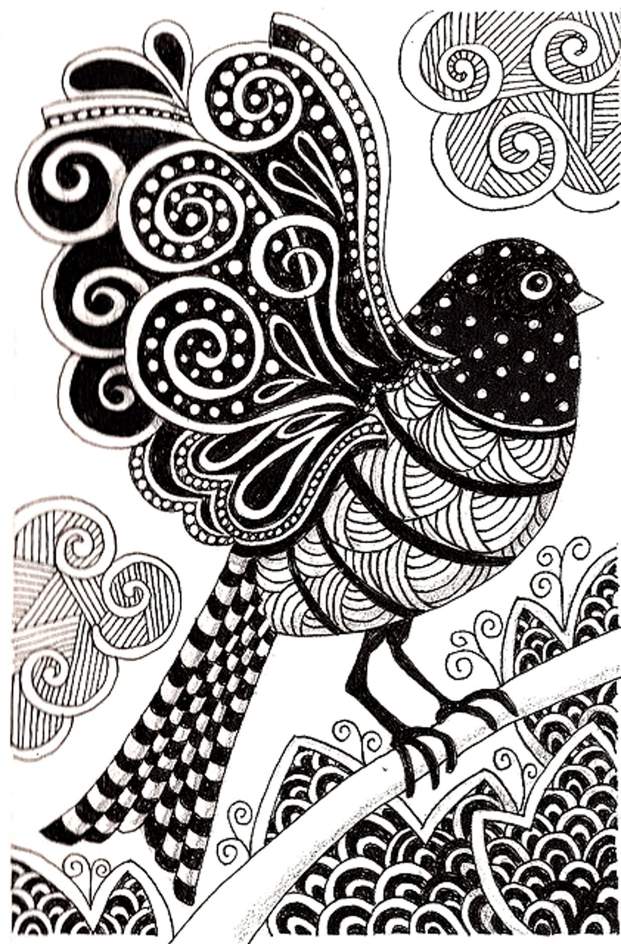 Dark bird drawing, with simple Zentangle patterns