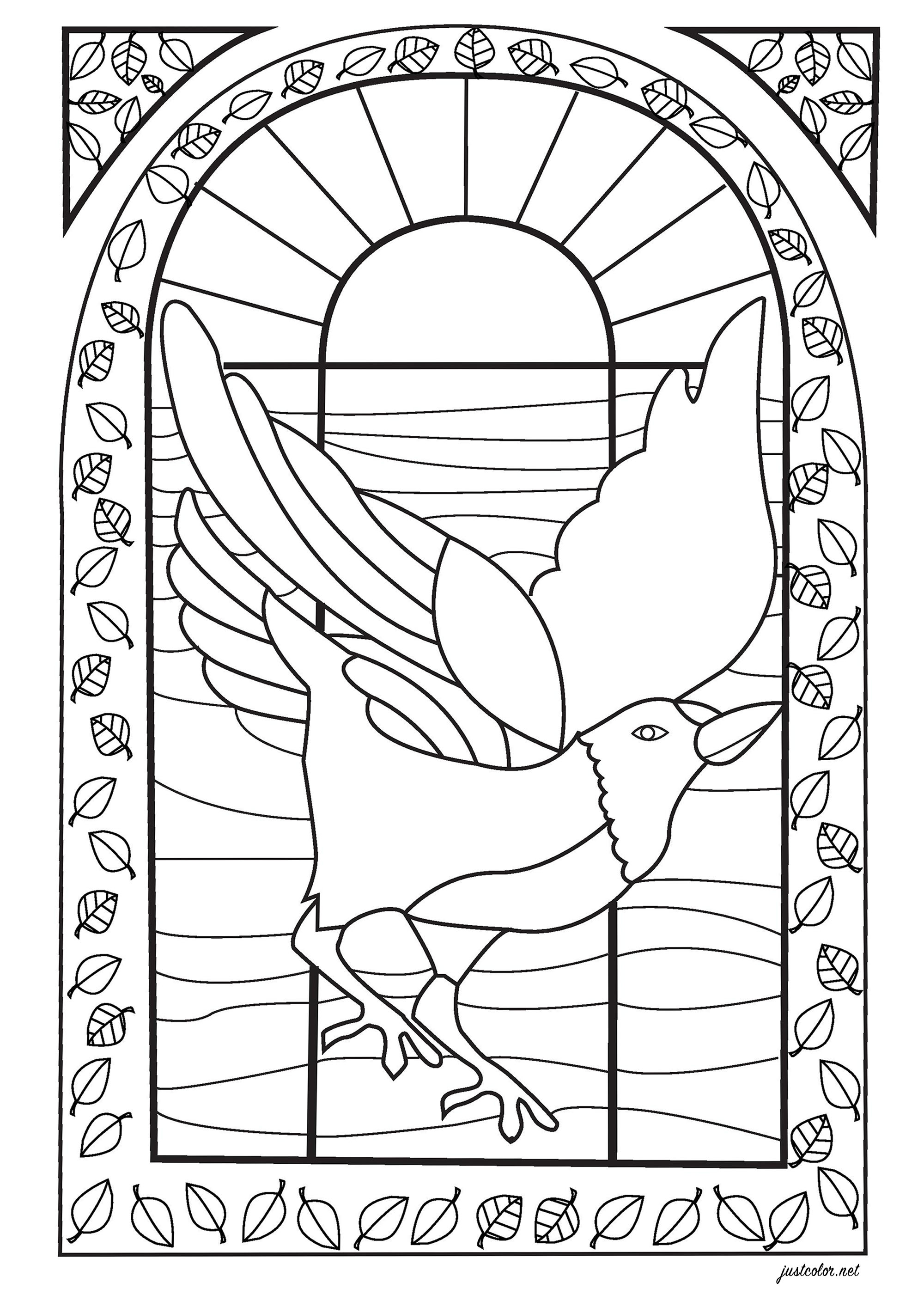 Drawing of a bird to color, drawn in the style of a stained glass window, Artist : Salomé T