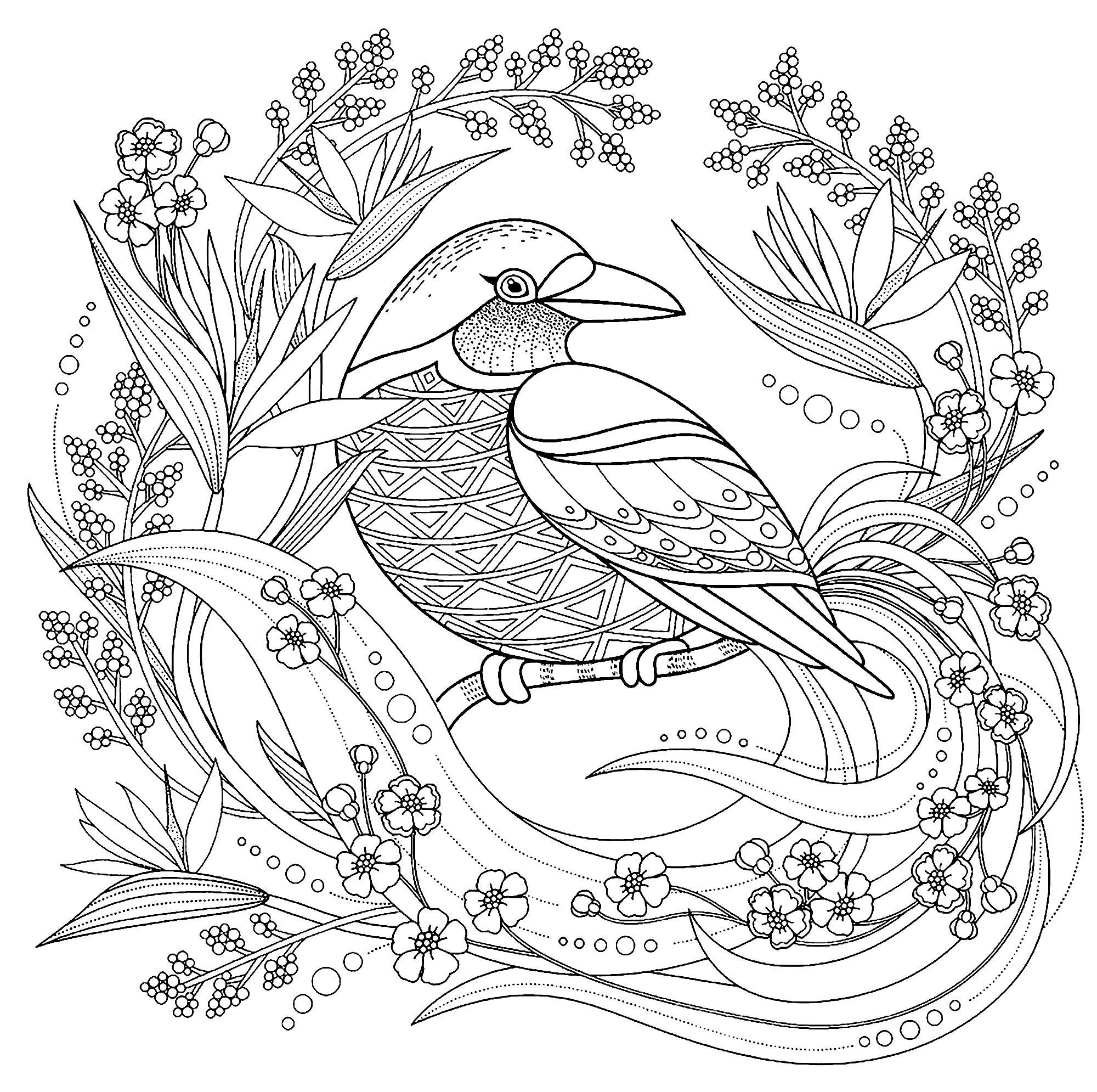 Download Bird with floral elements - Birds Adult Coloring Pages