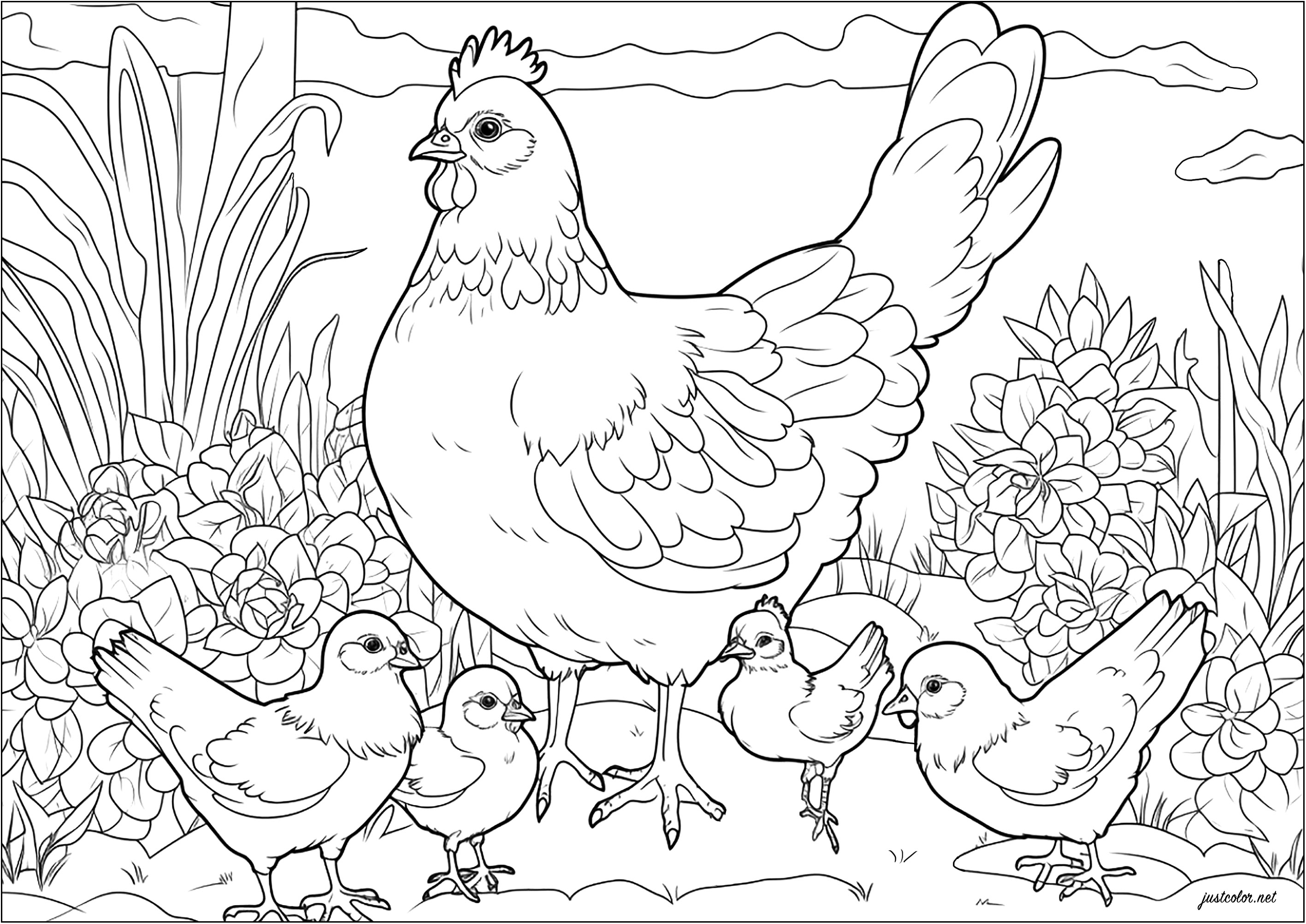 Coloring of a hen and her chicks. This hen is proudly protecting her young.Beautiful vegetation in the background to color as well.