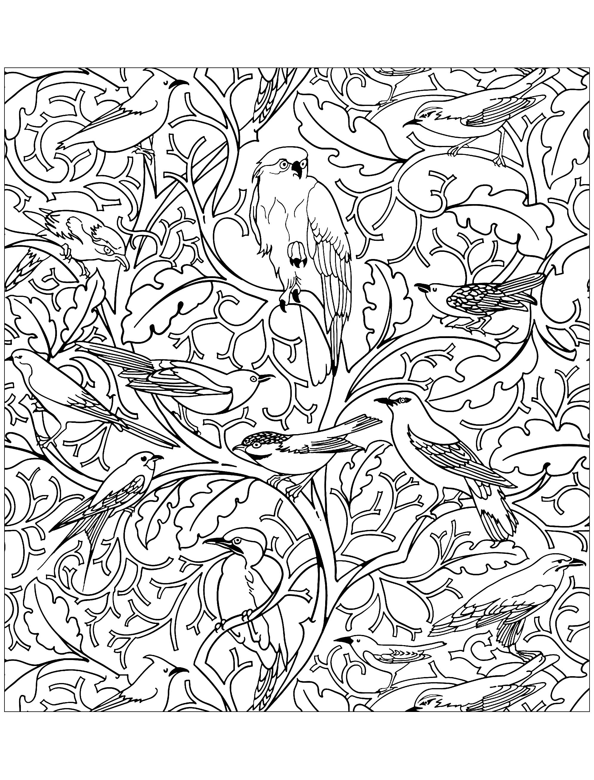 Coloring page inspired by a textile design (also used as wallpaper) : Pop Mob Scene by CFA Voysey (England, 1929)