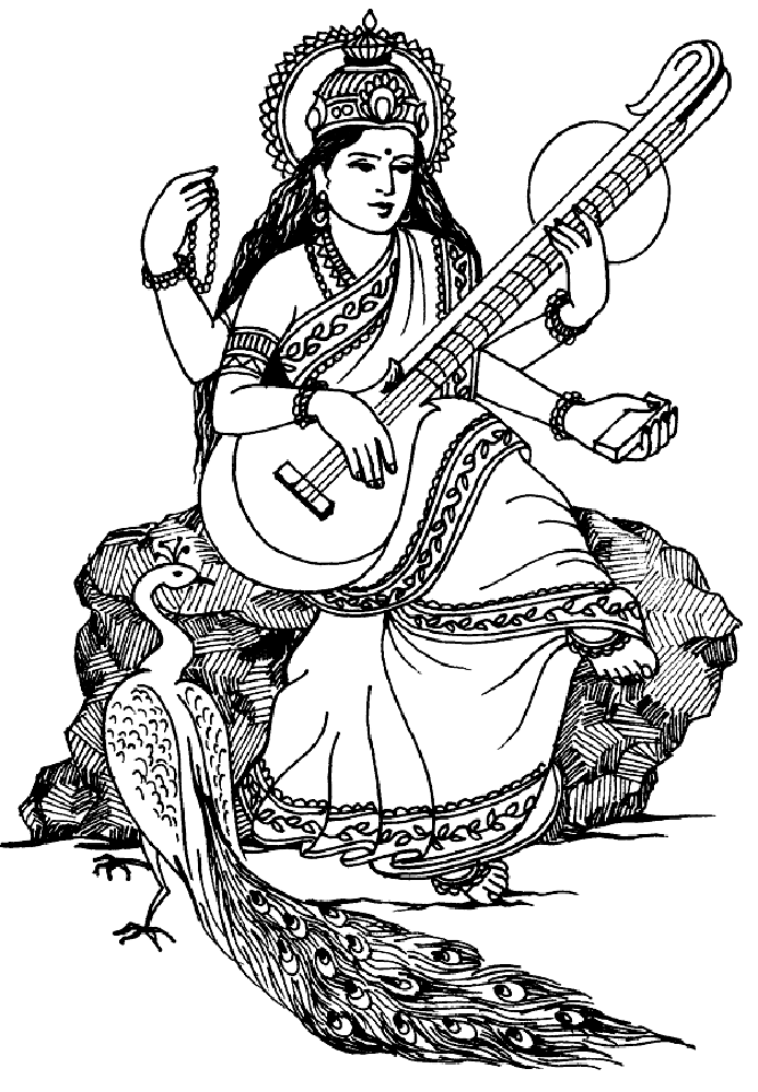 Saraswati picture to print and color: Hindu divinity of wisdom and arts