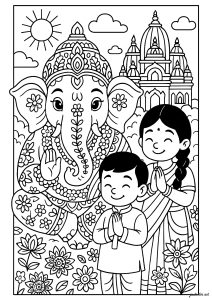 Ganesh, Indian temple and children at prayer