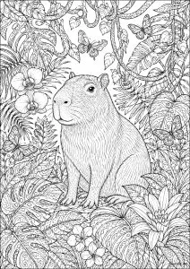 Capybara sitting among tropical plants