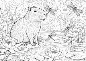 Capybara sitting near the water lilies