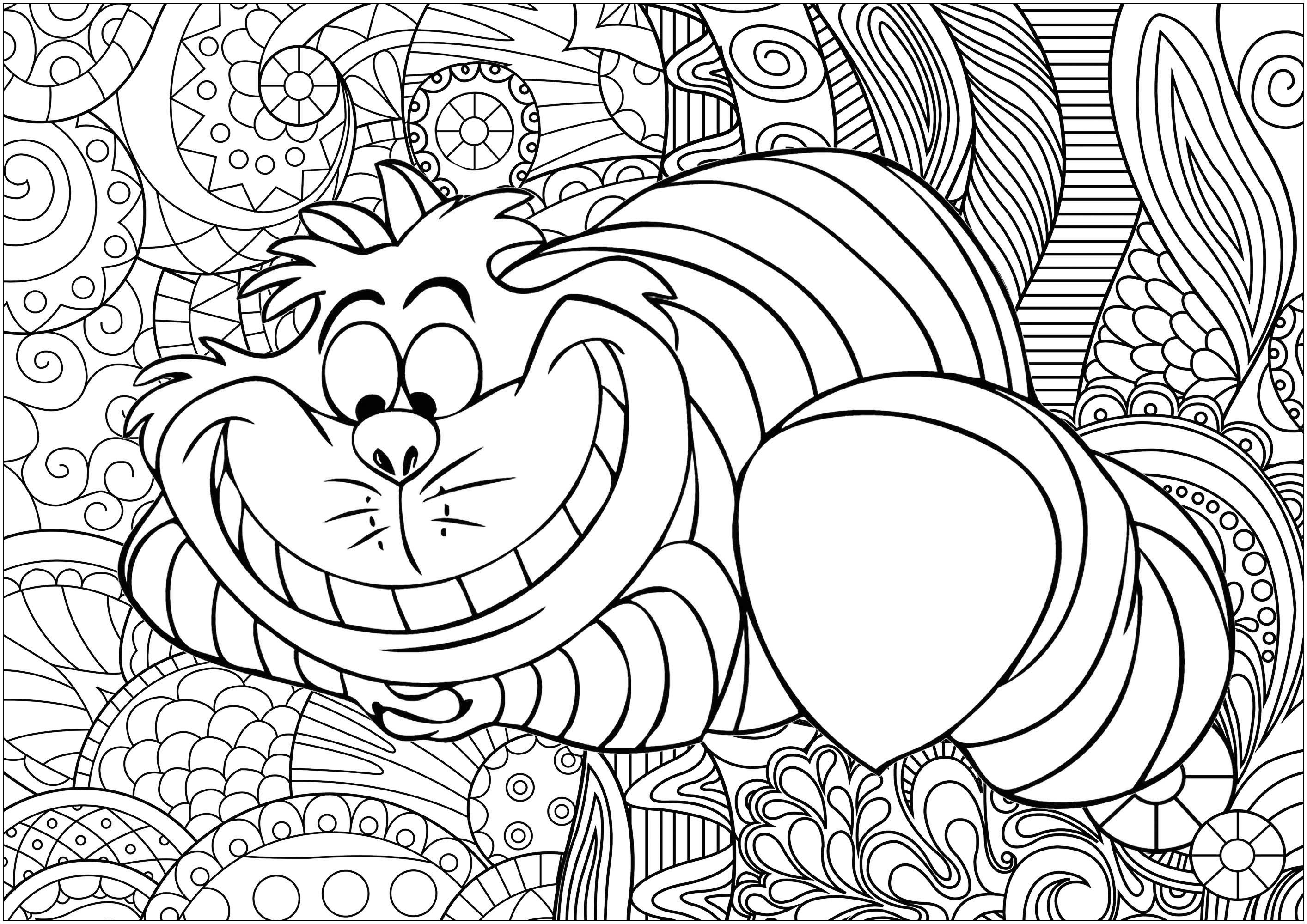 Cheshire cat with patterns in background - Cats Adult Coloring Pages