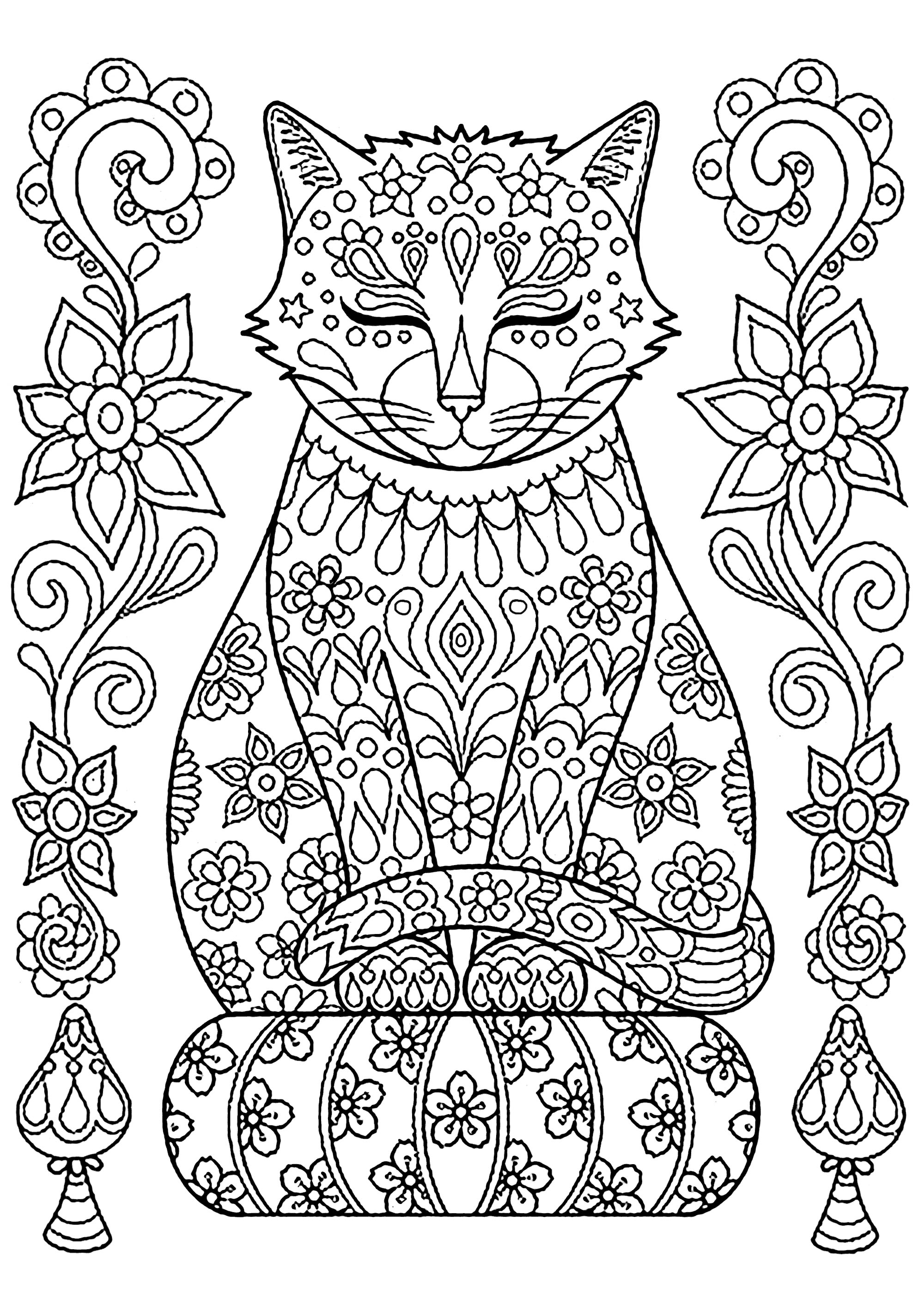 Download Cute Cat On Pillow With Flowers Cats Adult Coloring Pages