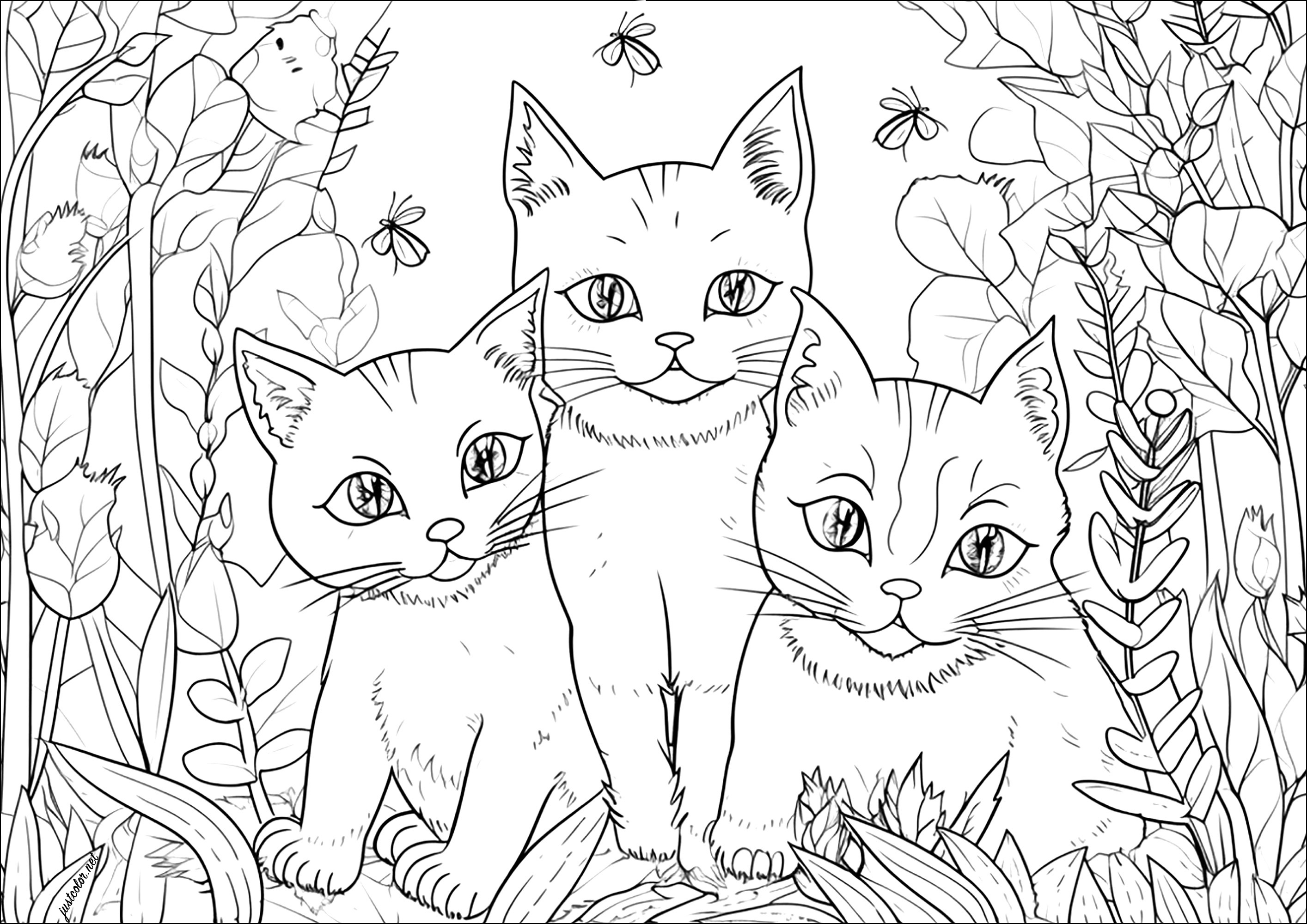 Three pretty cats in a garden - Cats Adult Coloring Pages - Page movie ...