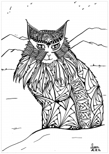 Coloring adult leen margot mountains cat