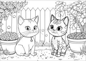 Coloring two kittens in the garden