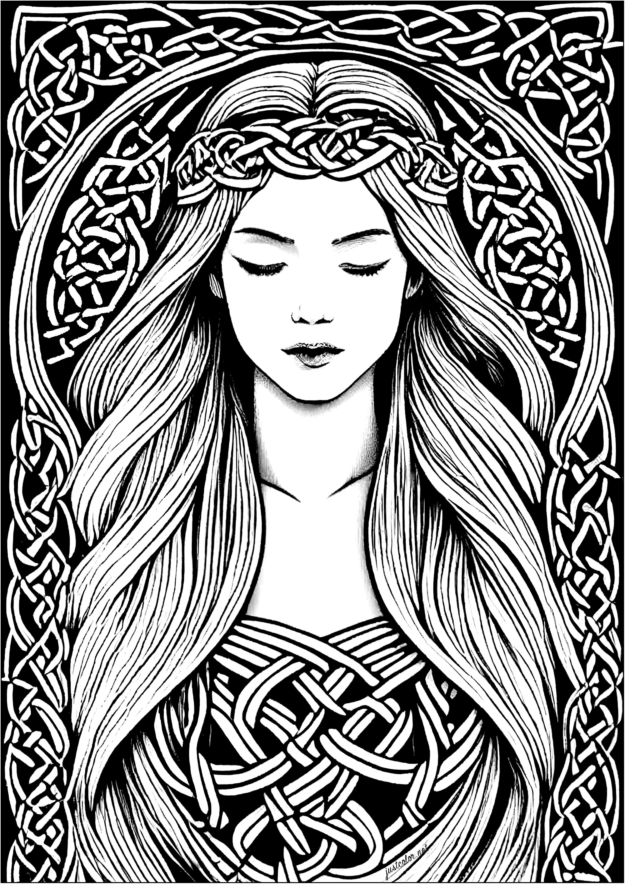 Coloring of a sleeping young woman, inspired by Celtic art. The motifs throughout the design are inspired by Celtic motifs, characterized by their intricate, root-like plant forms.