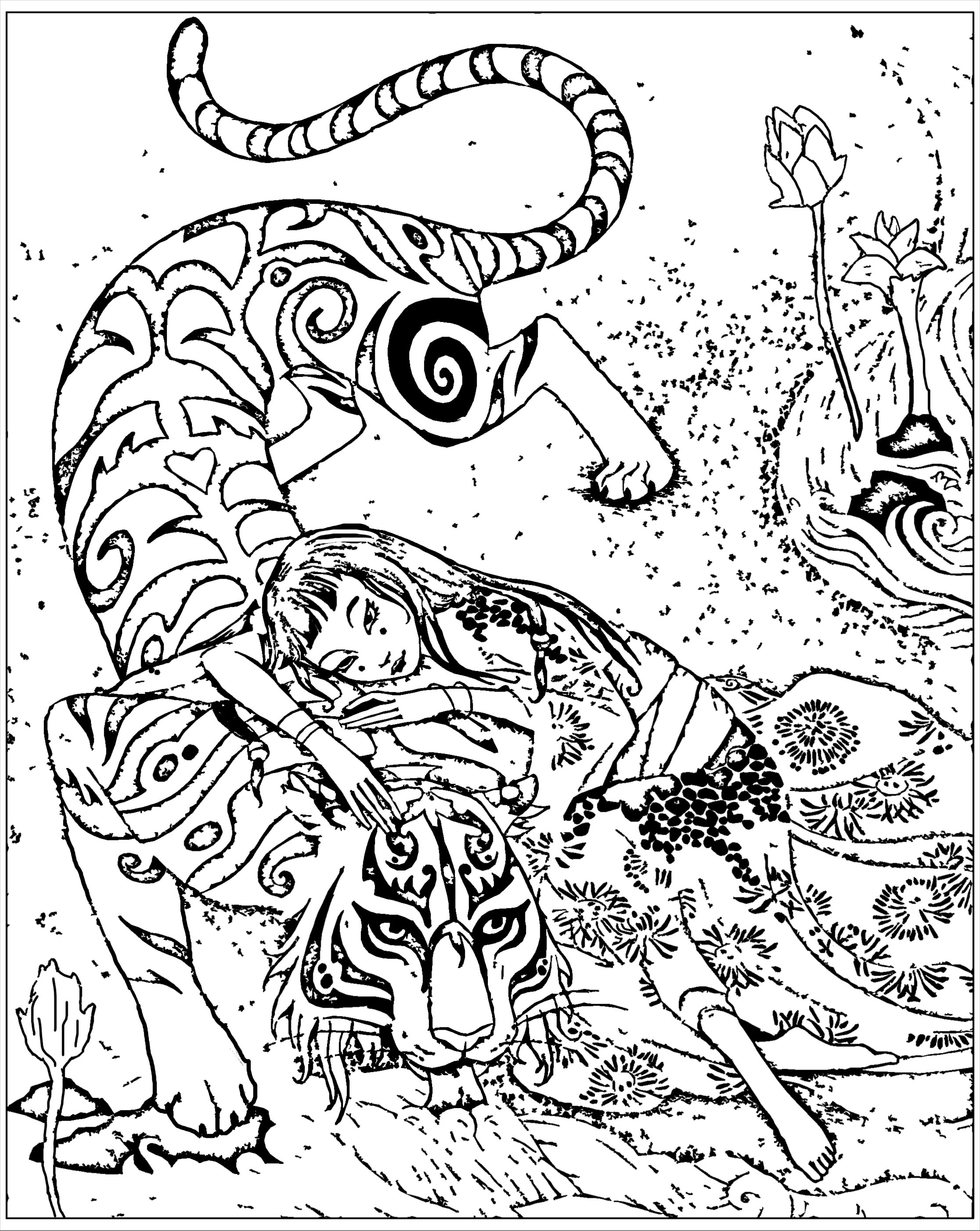 Coloring inspired by the book Le tigre dévoué, by Qi feng Shen. Qi feng Shen is a Chinese writer best known for his collection of a hundred stories mixing the supernatural with the social realities of the time ('Xieduo', 1792): texts with characters evolving in plots full of finesse and intelligence.