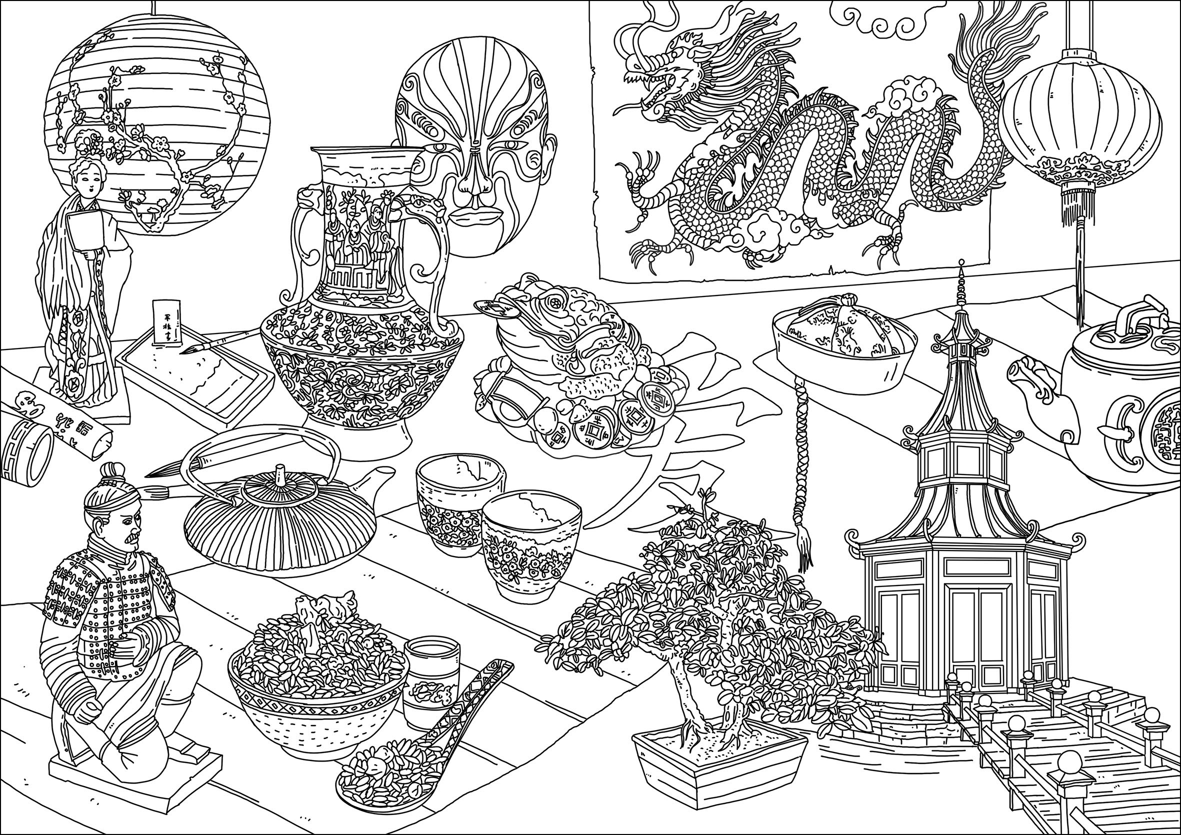 Different symbols of China. Dragon, statues, vases, masks, bonsai, Chinese food .., Artist : Frédéric Brogard