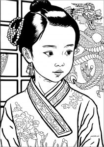 Coloring chinese girl and dragon