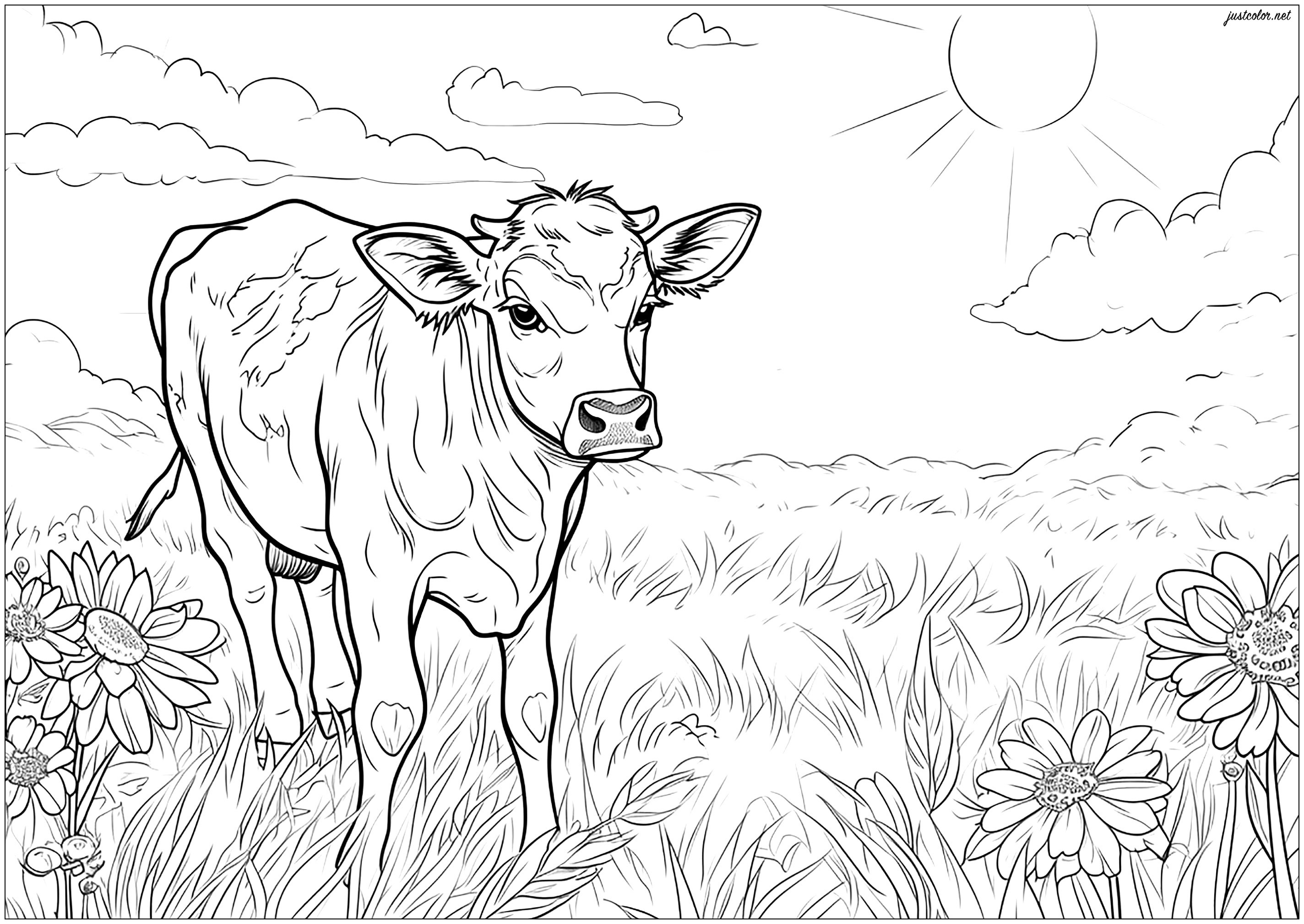 Cow in a field - 1 - Cows Adult Coloring Pages