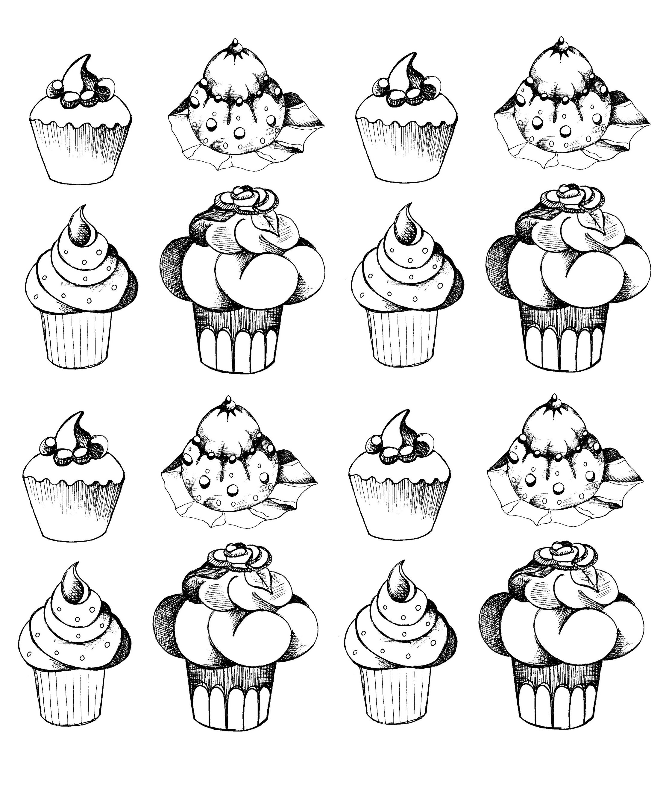A vintage coloring page of cupcakes