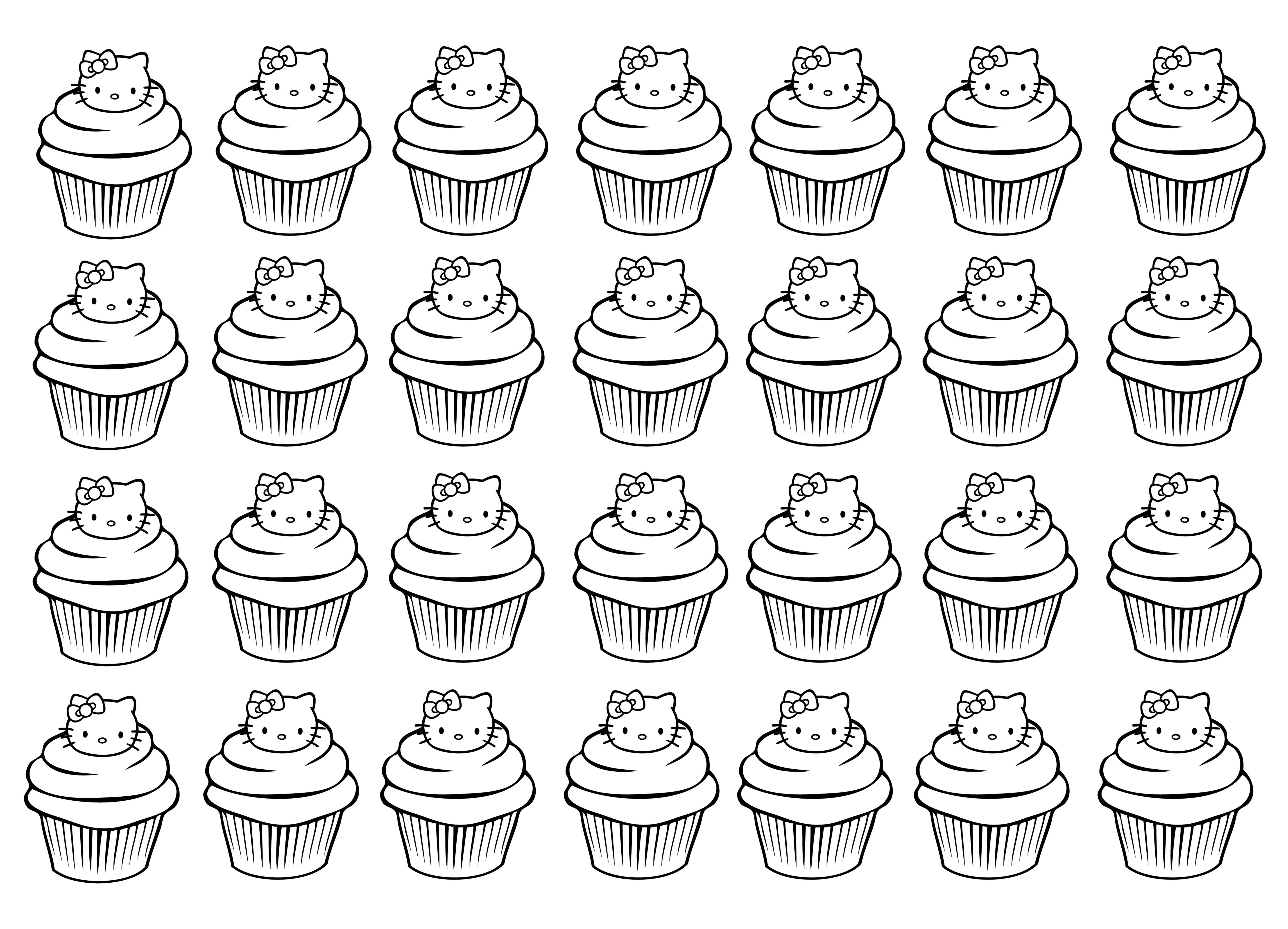 Many Hello Kitty cupcakes to print and color
