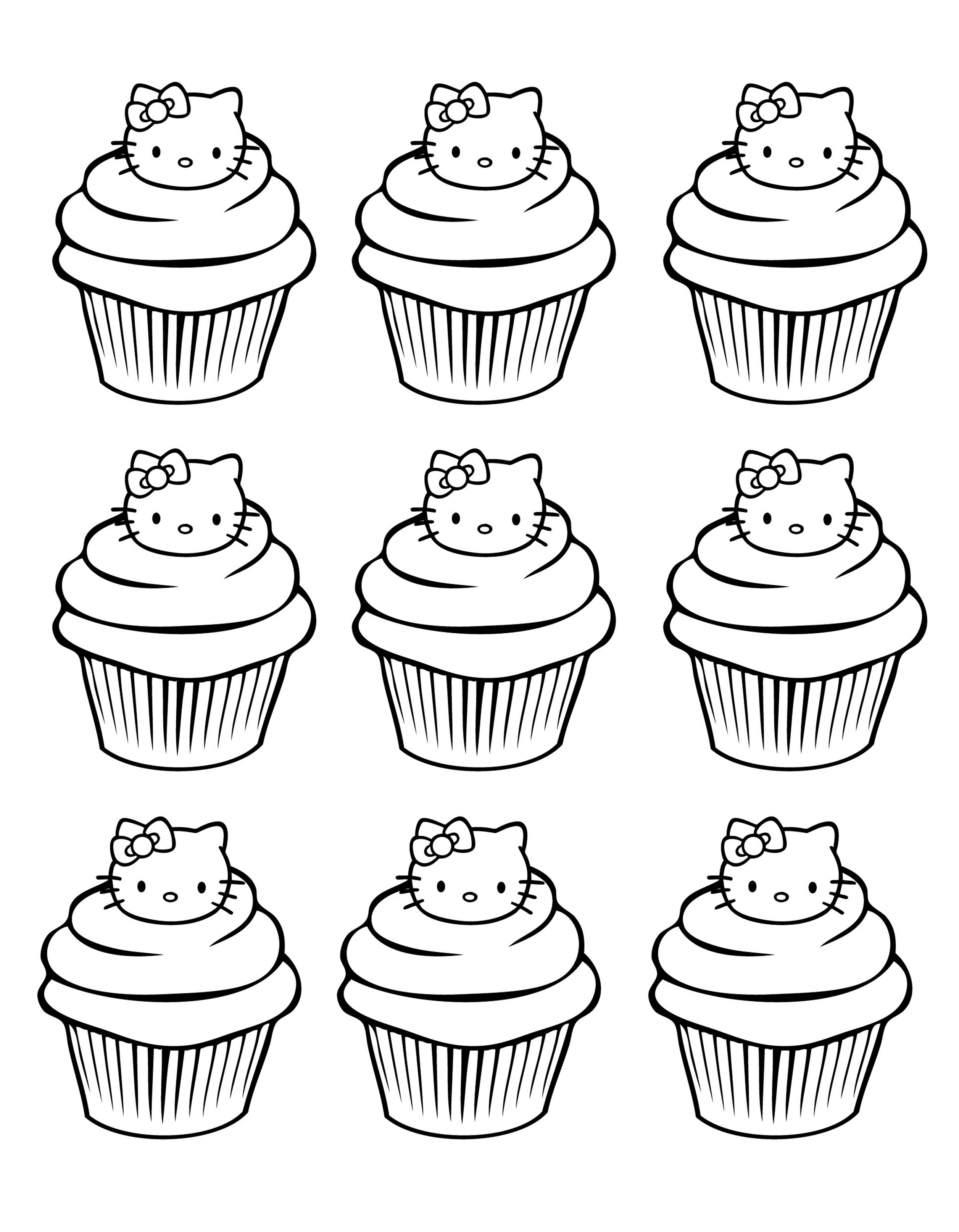 Coloring page of sweet Hello Kitty cupcakes