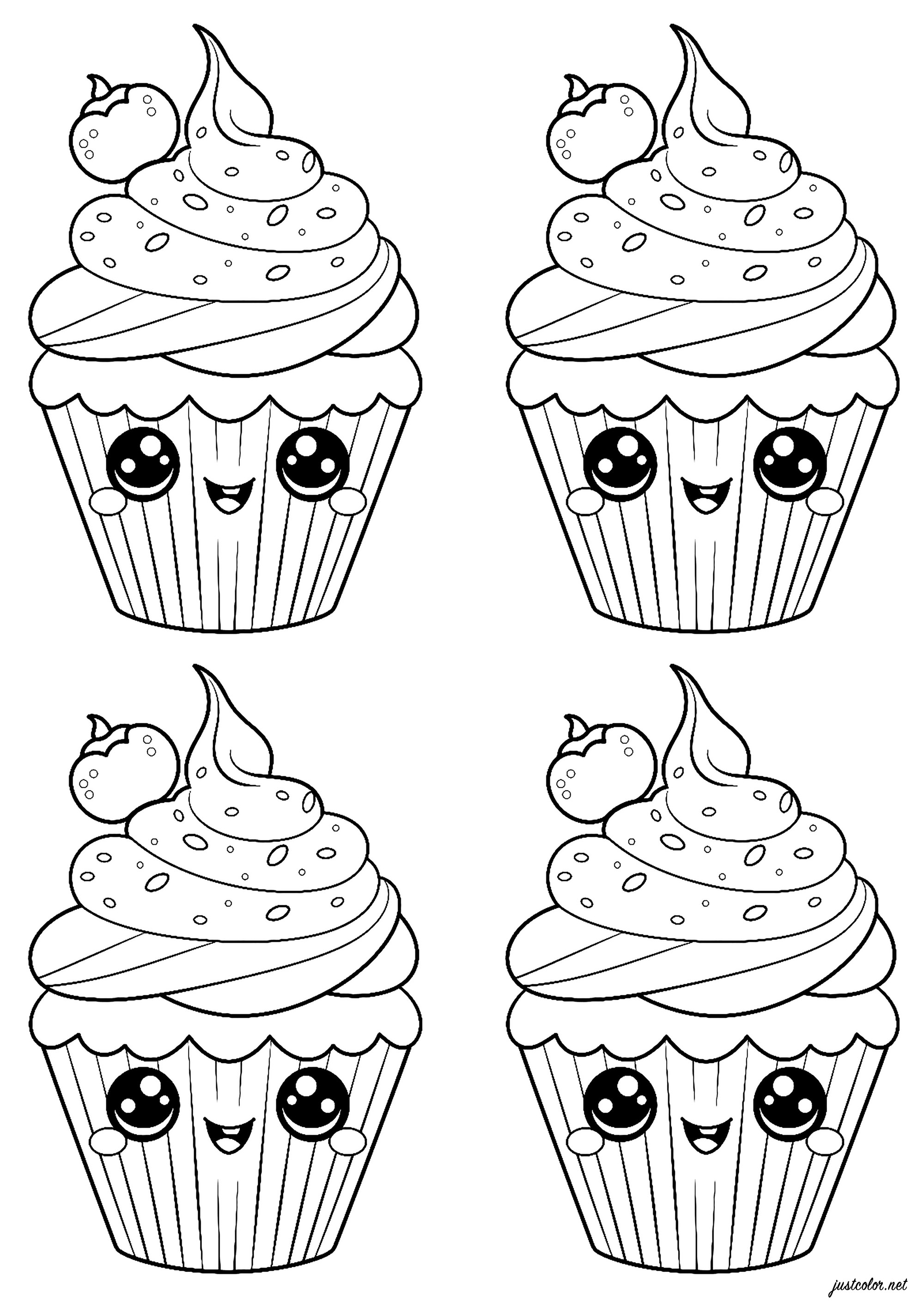Four cute cupcakes. Color these pretty pastries