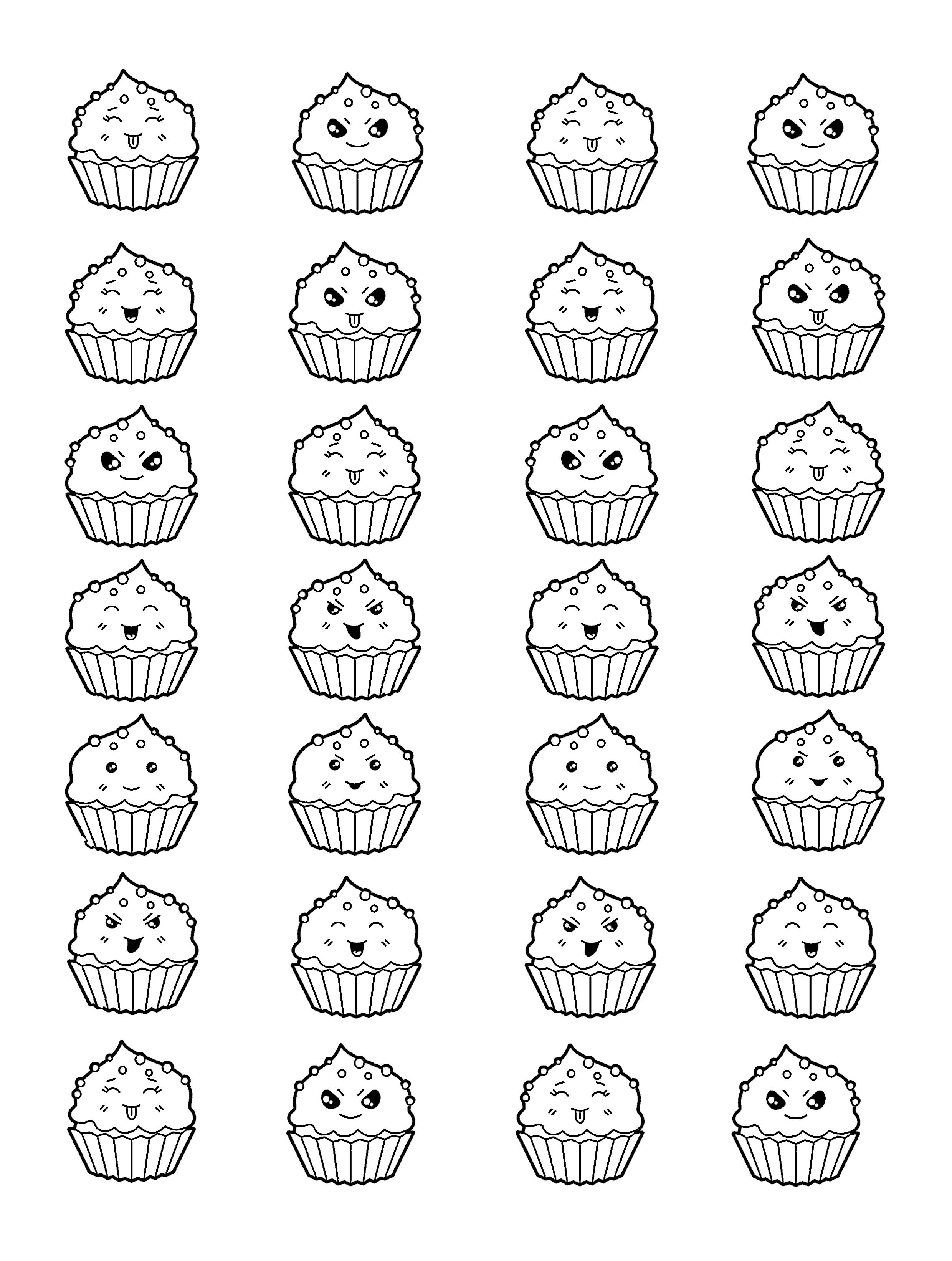 Kawai cup cakes - Cupcakes Adult Coloring Pages