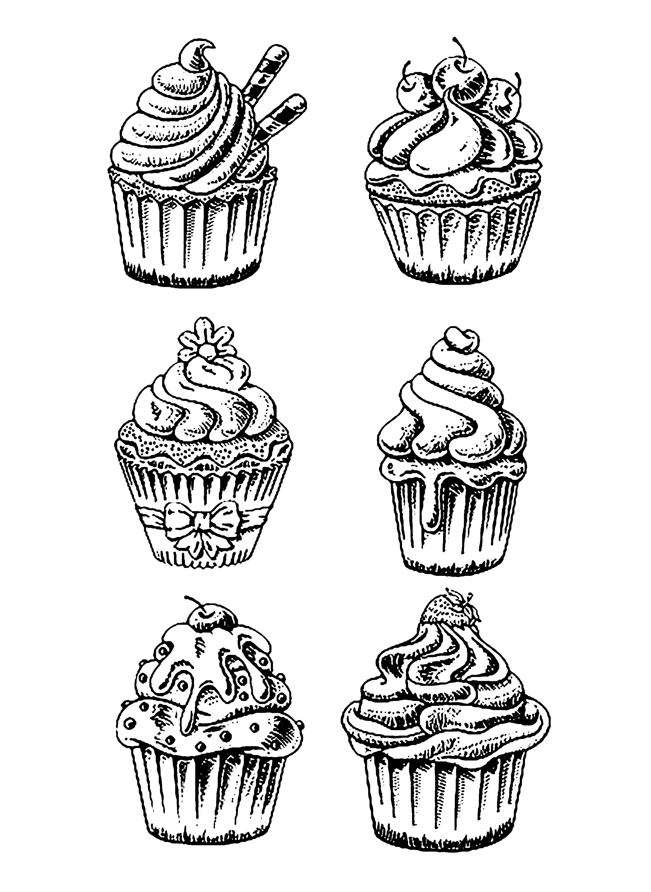 Six good cupcakes Cupcakes Adult Coloring Pages