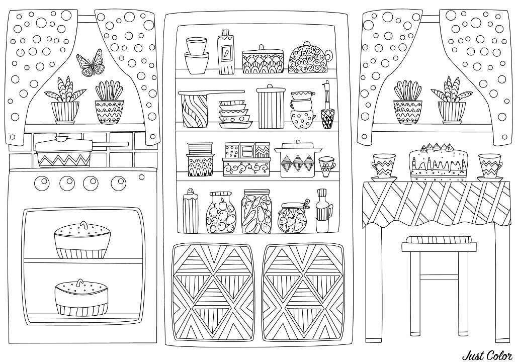 Download Cozy kitchen interior - Cupcakes Adult Coloring Pages