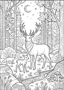 Cerf, his Fawn, and a little fox under the Moon
