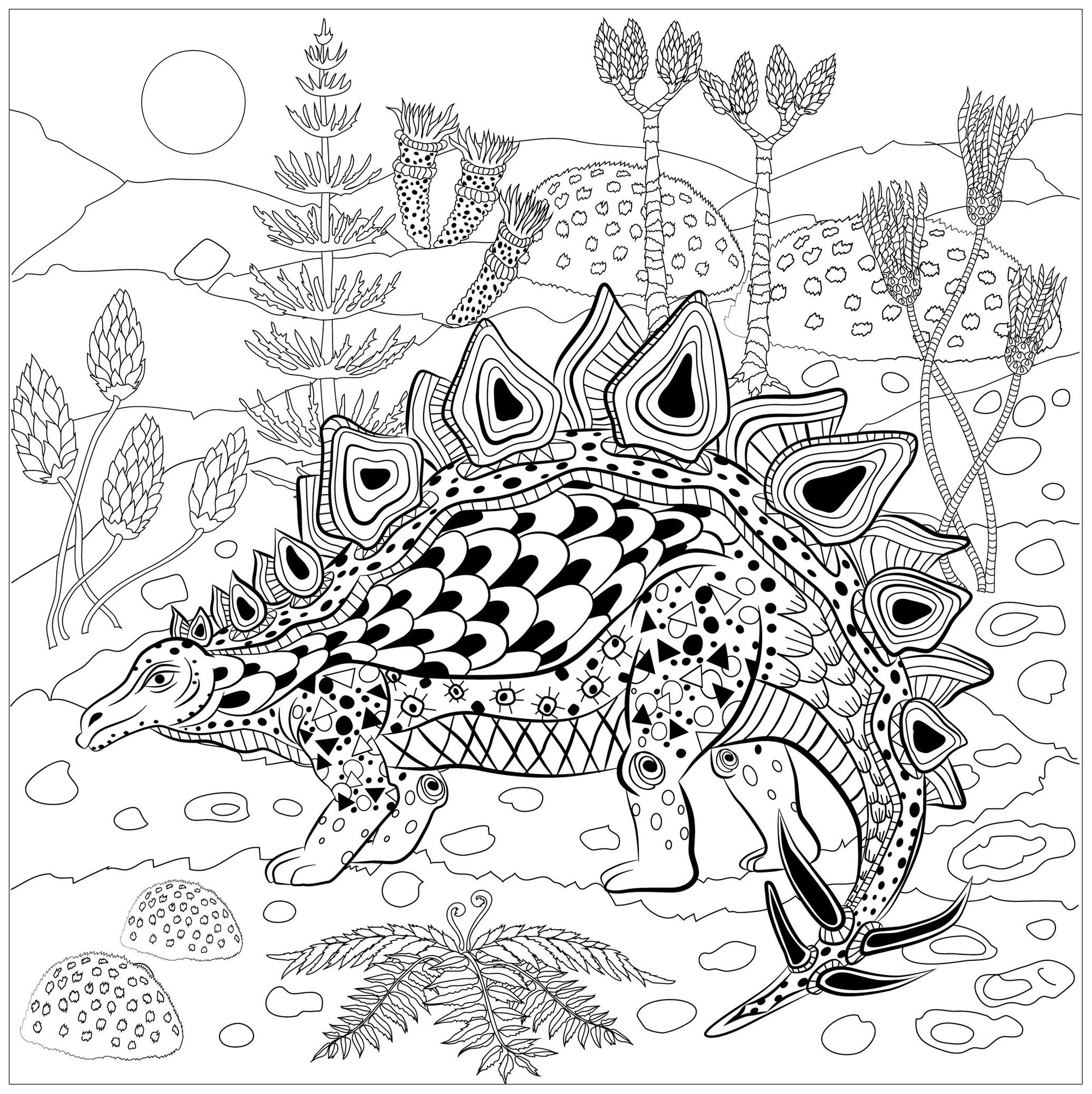 Stegosaurus in nature - Dinosaurs Adult Coloring Pages