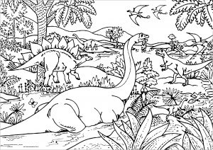 Coloring many dinosaurs in a plain
