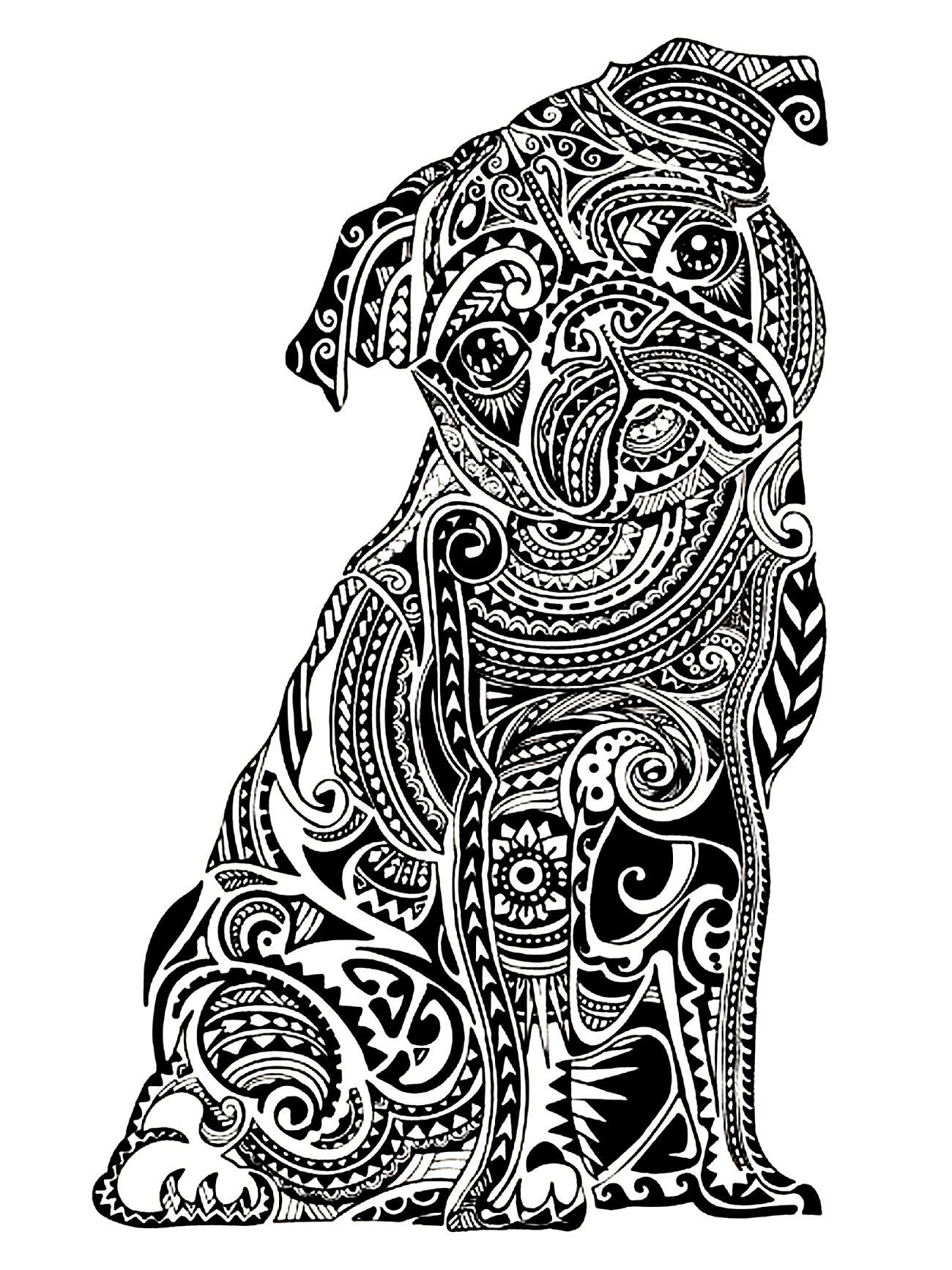 Small bulldog with many abstract motifs. You'll love coloring every detail of this coloring page. The colors can be mixed to create different effects and tones, adding even more interest to your composition.