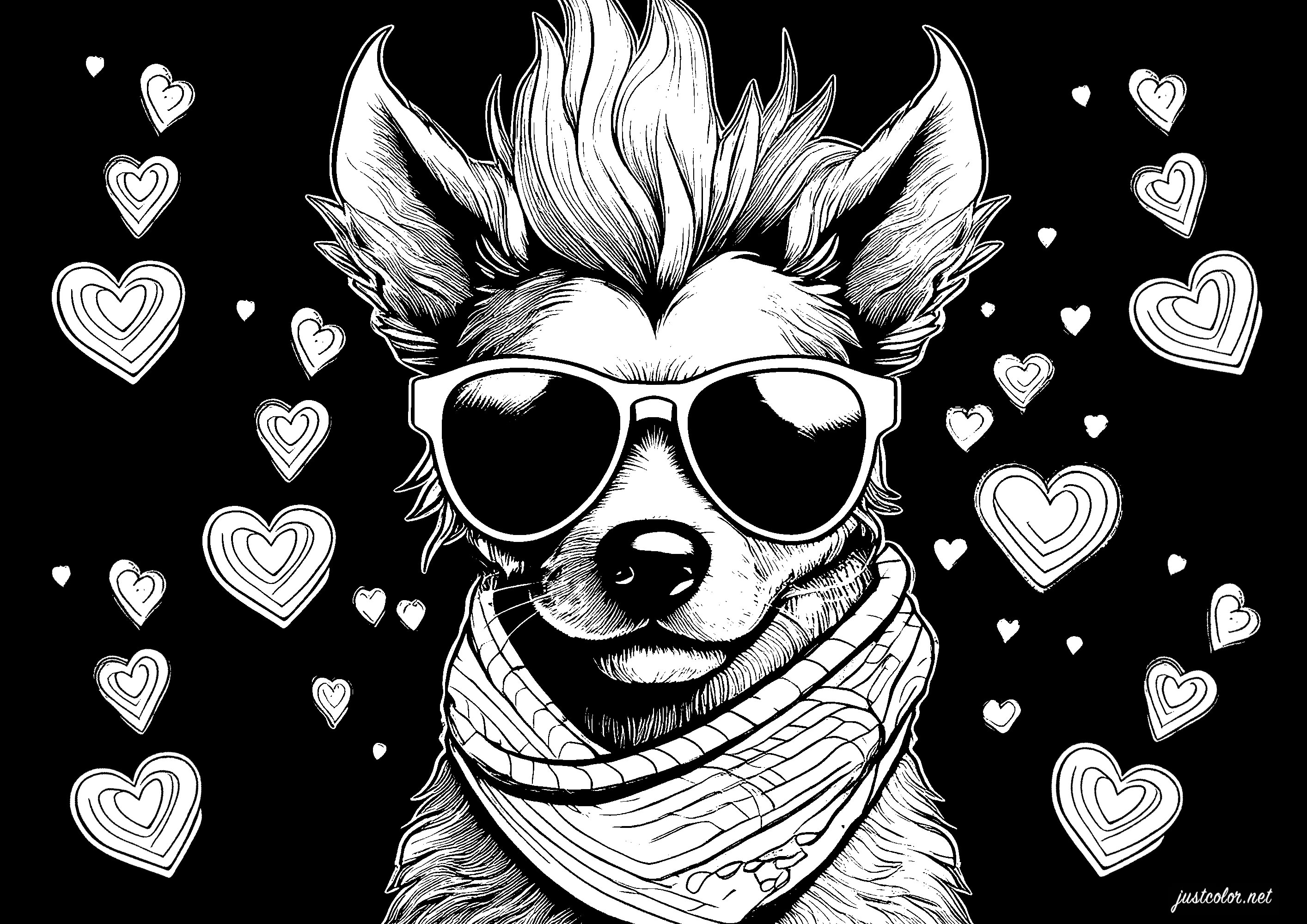 Dog with aviator glasses and scarf - Dog Coloring Pages for adults