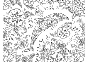 Coloring page dolphin on a floral background