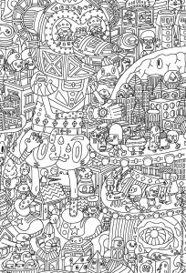 Printable Doodle Art / Doodling Coloring Page for adults : The arrival of the giant mouse robot