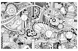 Printable Doodle Art / Doodling Coloring Page for adults : Funny city in Doodle