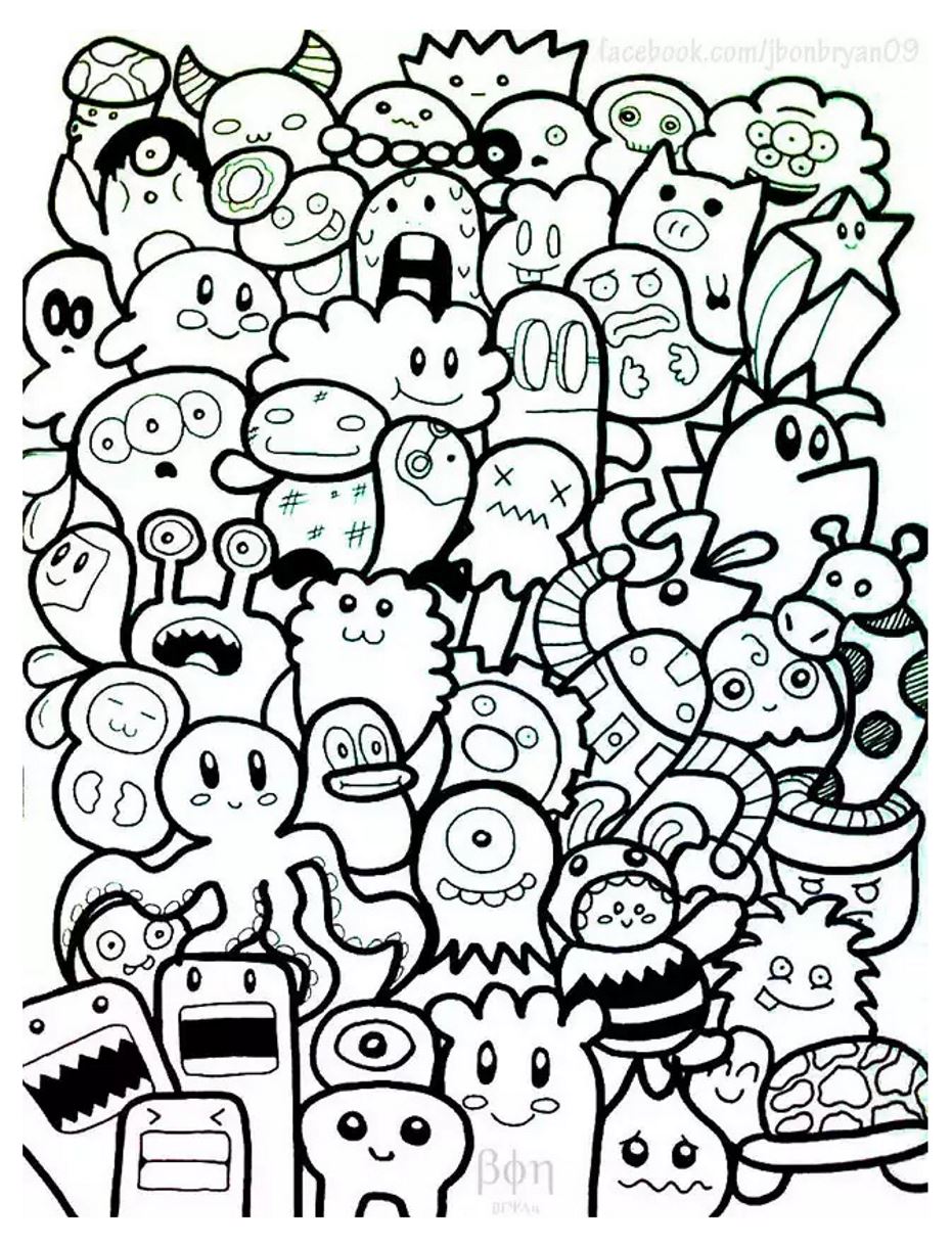 A Doodle with funny kawaii characters, simple to color, Artist : Bon Janapin