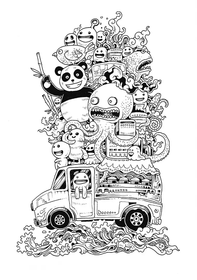 Funny Doode art with various animals & kawaii characters ON a car