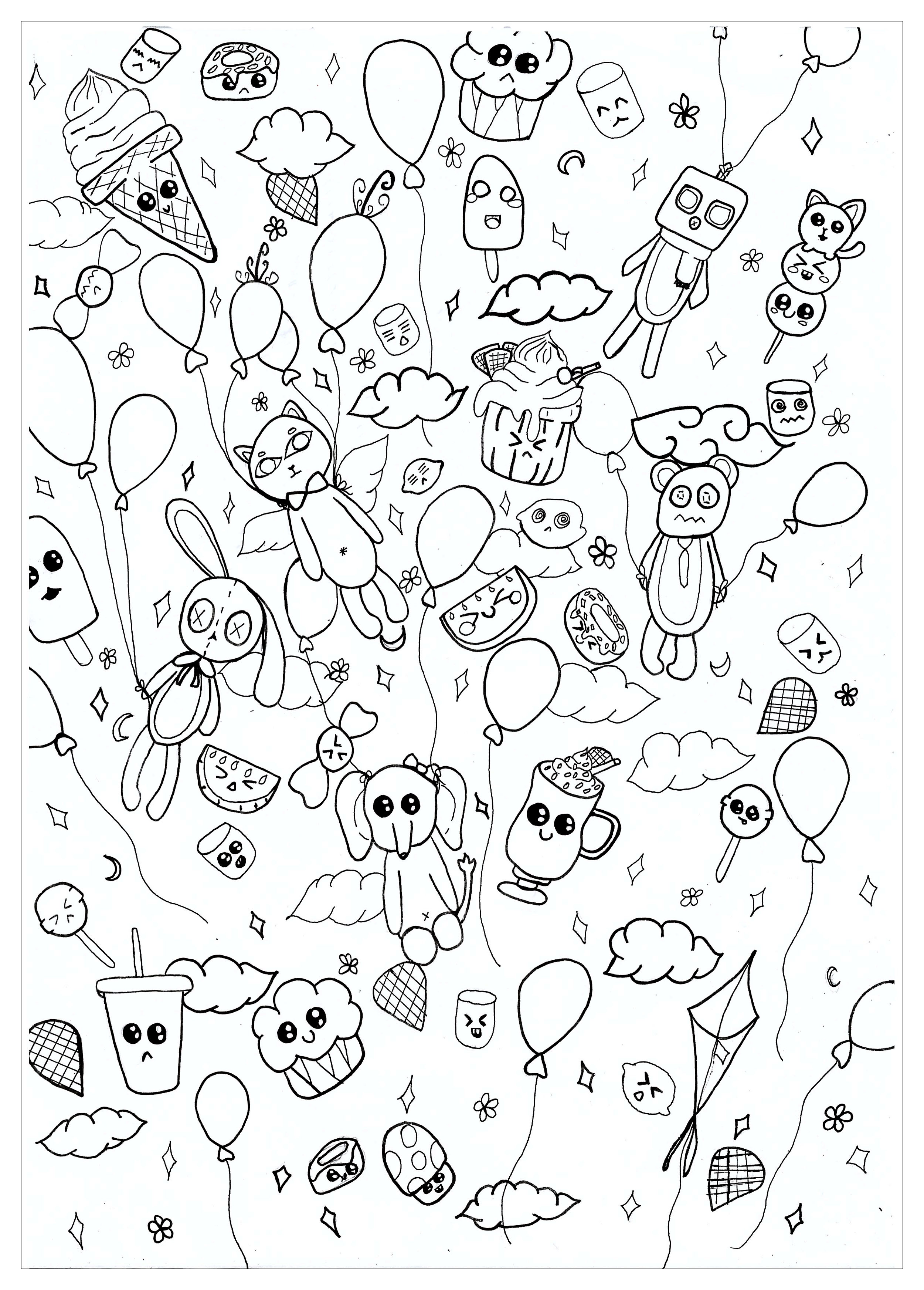 Doodle coloring page of a PARTY with Kawaii characters, Artist : Chloe