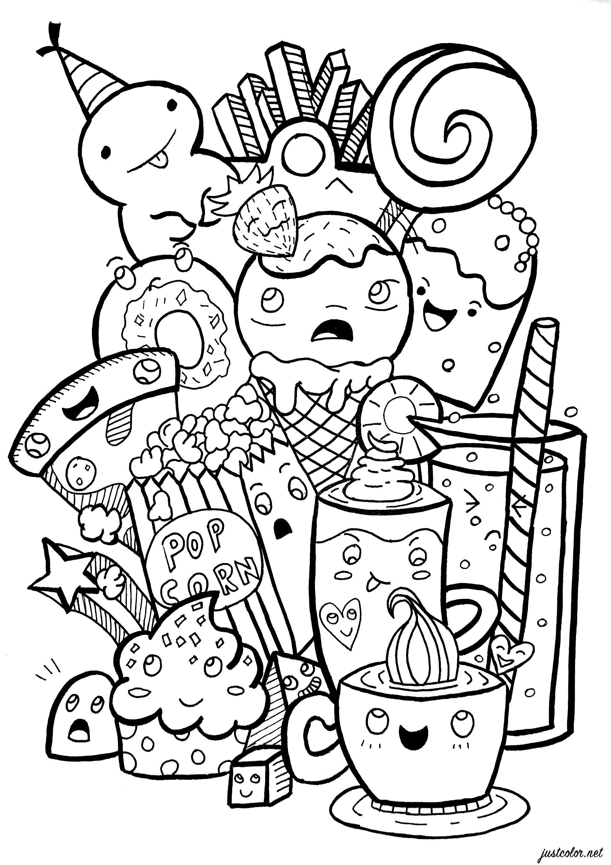 Color all these strange sweet and delicious creatures : pizzas, fries, cupcakes, sodas .., Artist : Gamma